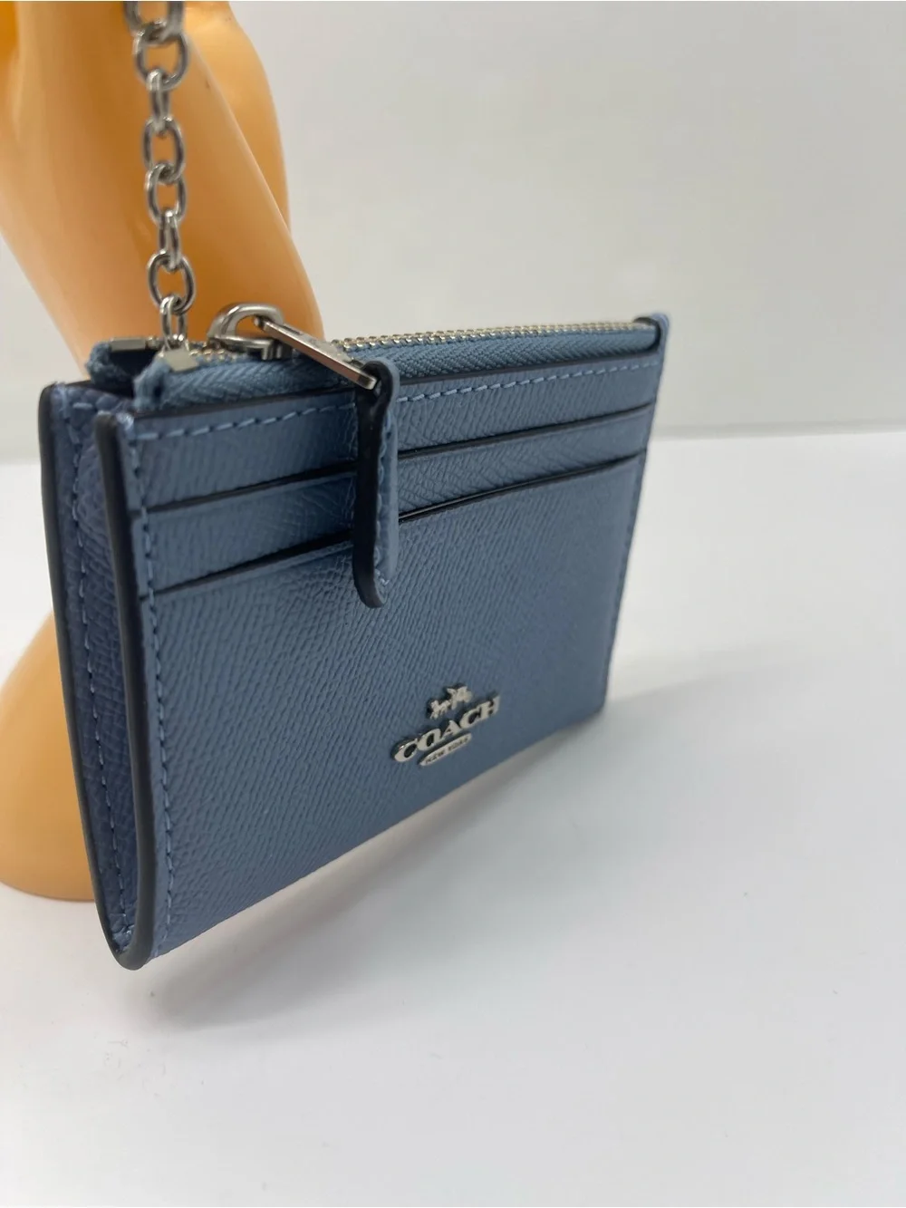 Coach Mini Skinny Crossgrain Leather Id Card Zip Closure Case Silver/Slate NWT